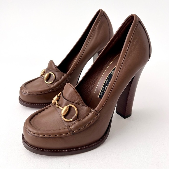 GUCCI | Vintage Alyssa Brown Leather Horsebit Pumps Block Heel Loafers 37.5 - Picture 1 of 16